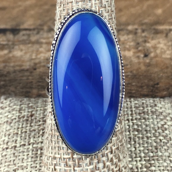 Blue Botswana Agate Stone Silver Overlay Ring Size 7.75 - Picture 4 of 12